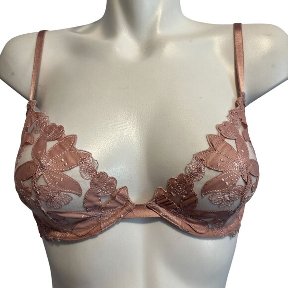 Victoria's Secret Unlined Plunge Dusty Pink Floral Semi Sheer Sexy Bra NWT 32D - Picture 1 of 5